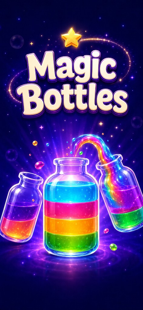 Magic Bottles splash — colorful glass bottles on a deep purple stage